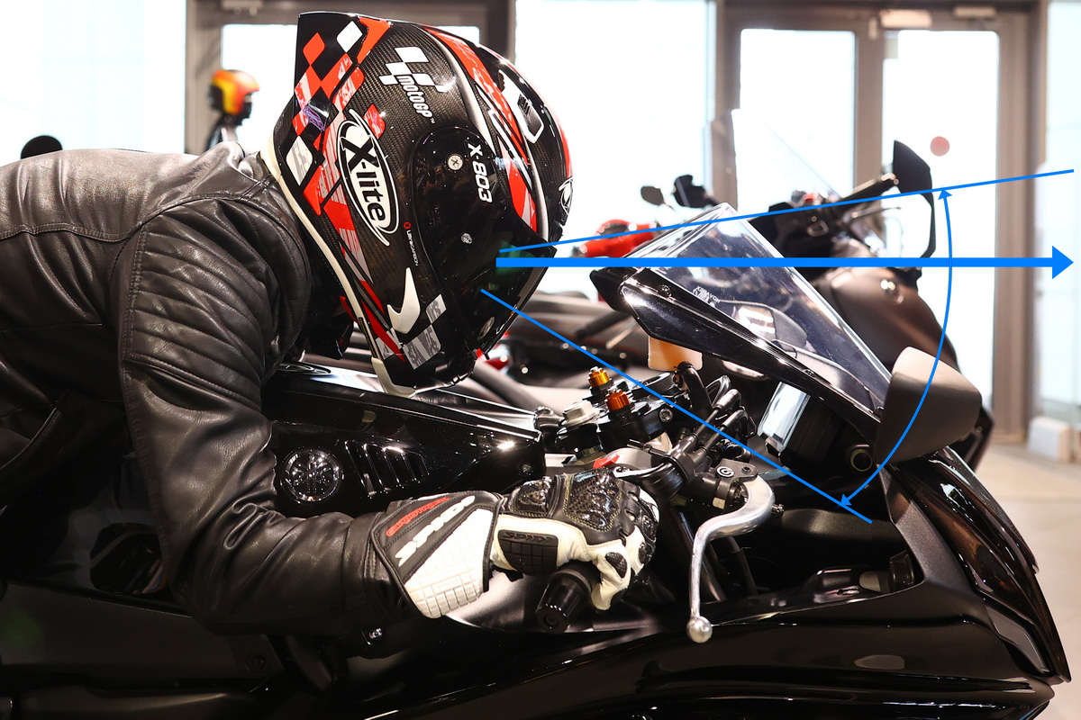 Мотошлем X-LITE X-803 RS Ultra Carbon MotoGP: угол обзора при езде лежа на баке