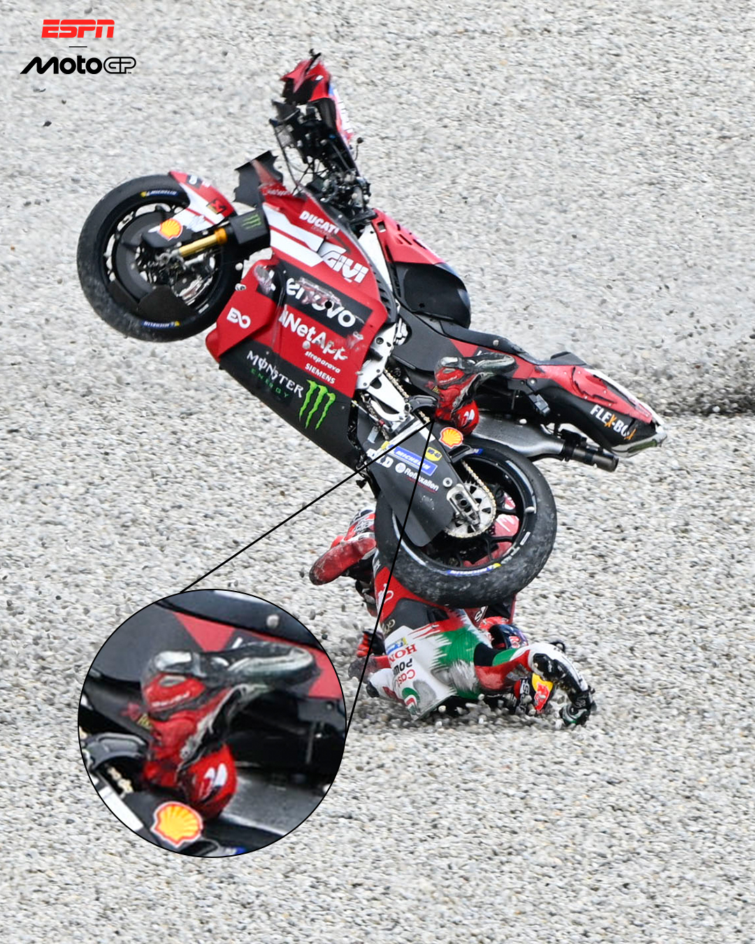Левая нога Жоана Зарко застряла между колесом и подрамником Ducati Баньяи Левая нога Жоана Зарко застряла между колесом и подрамником Ducati Баньяи