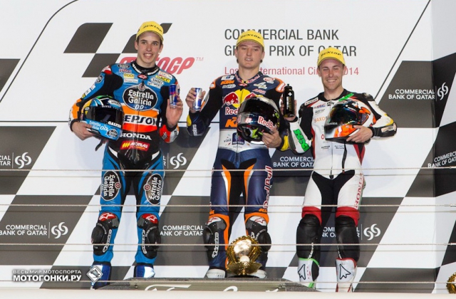 Первый подиум сезона Moto3 2014 года: Алекс Маркес, Джек Миллер и Эфрен Васкес