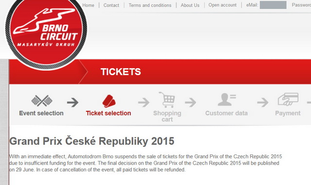 Сообщение о возможной отмене Гран-При Чехии на официальном сайте AMD Brno