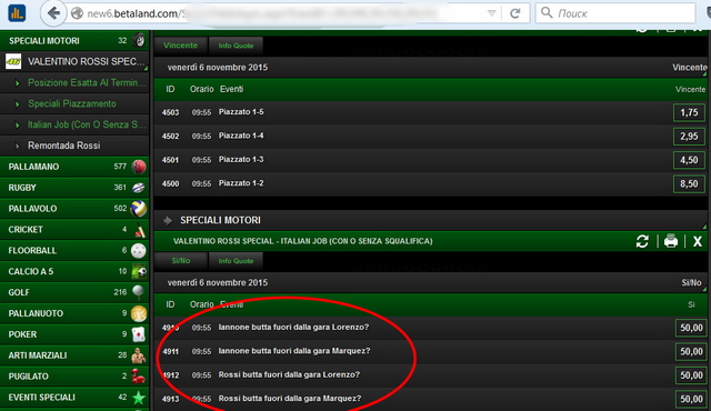 Скриншот сайта Betaland с сегодняшними ставками на Гран-При Валенсии MotoGP
