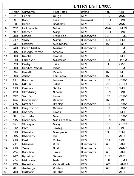 Списки участников чемпионата Европы по мотокроссу EMX65