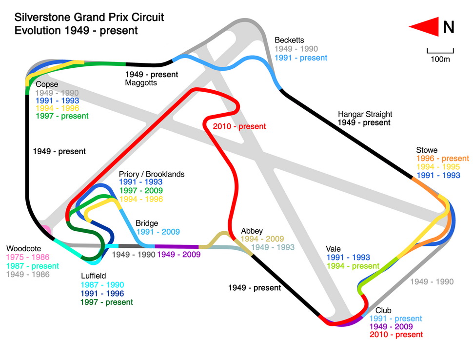 История изменений Silverstone Circuit на одной схеме 1949-2010