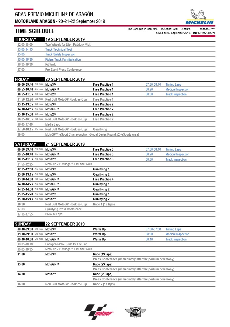 Расписание Гран-При Арагона по MotoGP, 2019