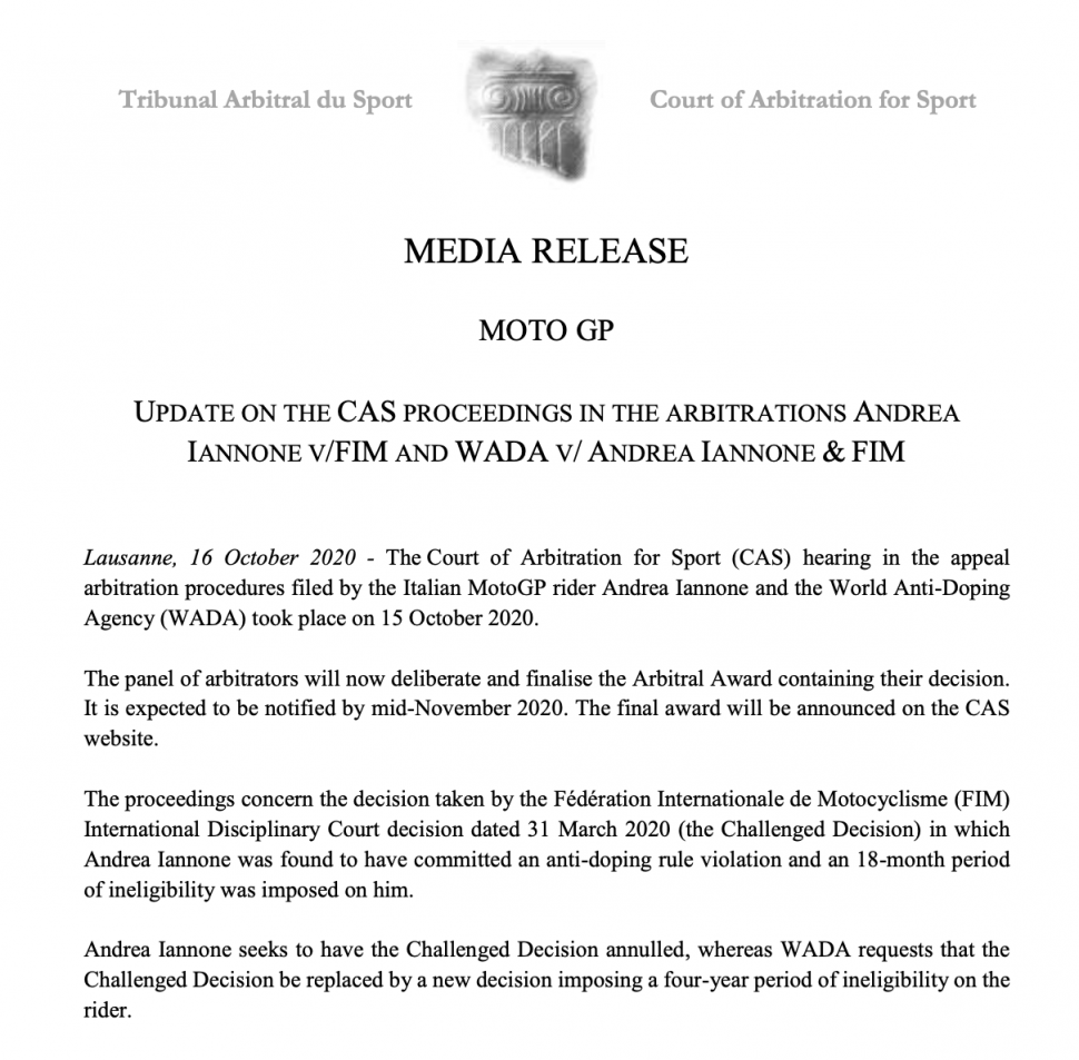 Пресс-релиз CAS по делу Андреа Янноне против FIM и WADA