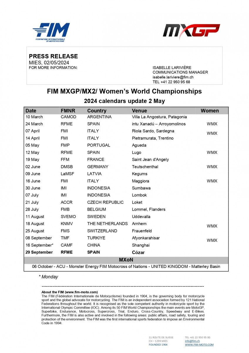 Календарь чемпионата мира по мотокроссу MXGP 2024