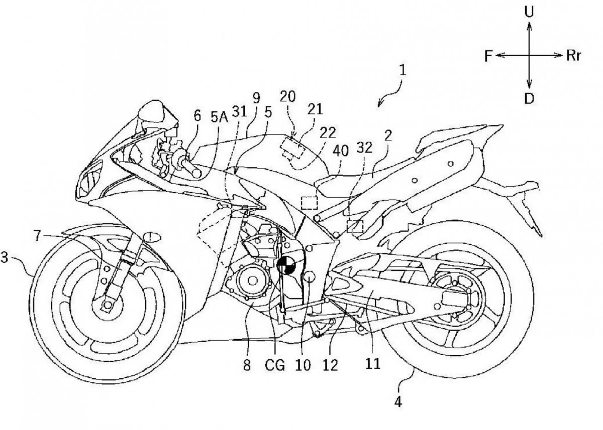Патентная схема расположения подушки безопасности на мотоцикле Yamaha Патентная схема расположения подушки безопасности на мотоцикле Yamaha