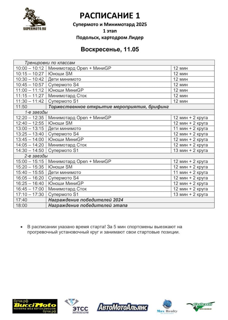 Расписание 1 этапа чемпионата по Супермото 2025 Расписание 1 этапа чемпионата по Супермото 2025