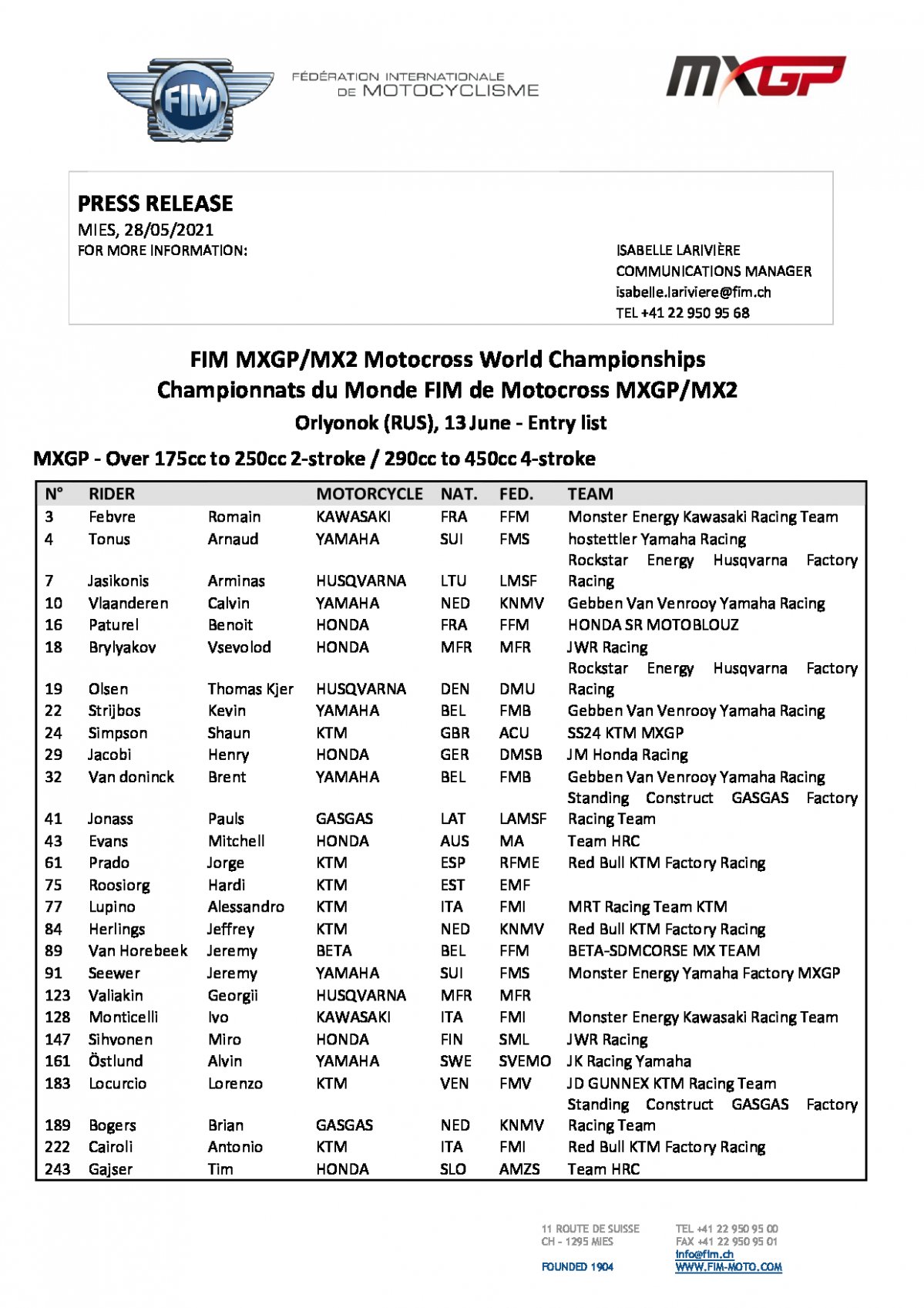 Список участников Гран-При России MXGP/MX2 2021