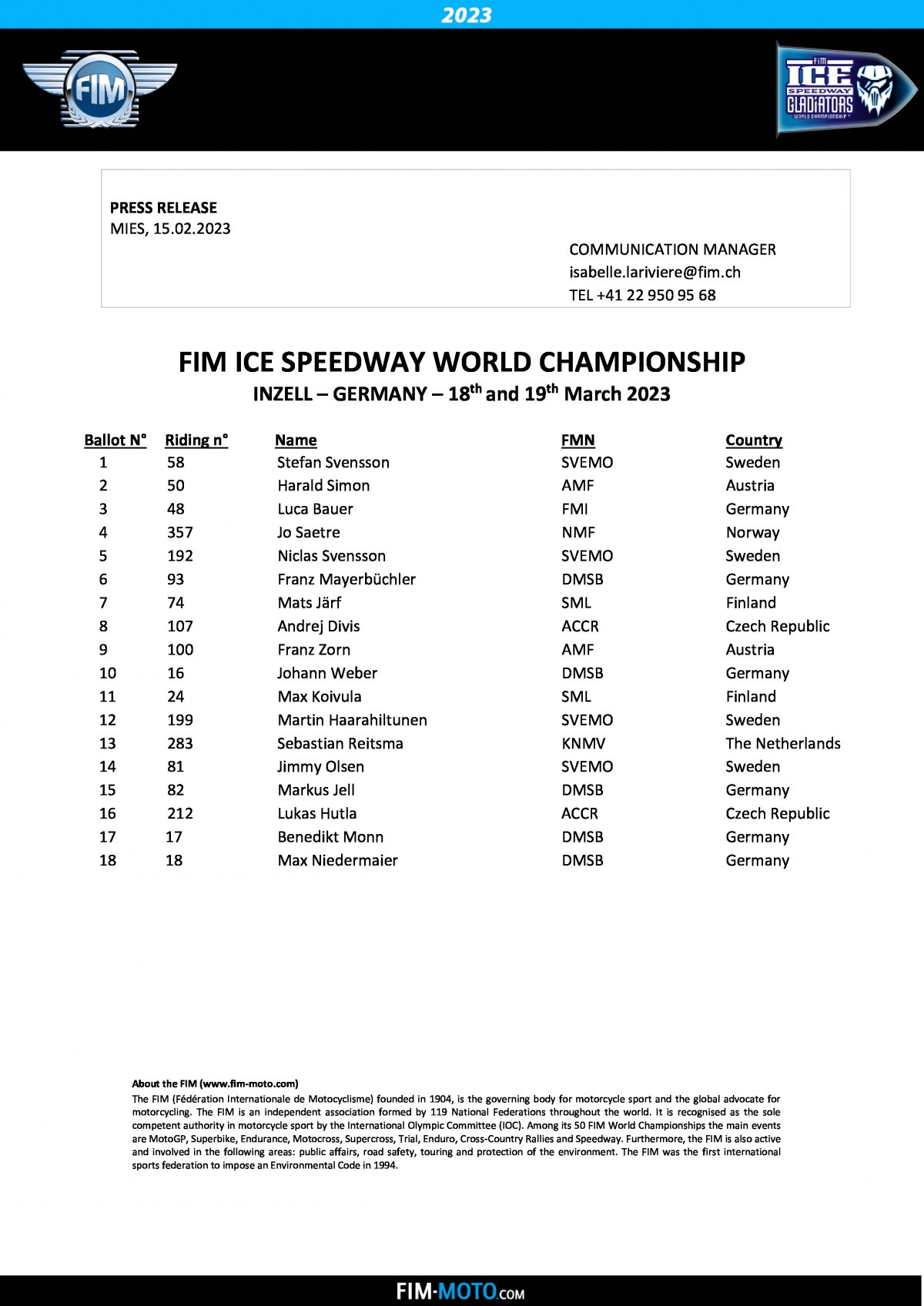 Список участников финала ЛЧМ FIM Ice Speedway Gladiators 2023