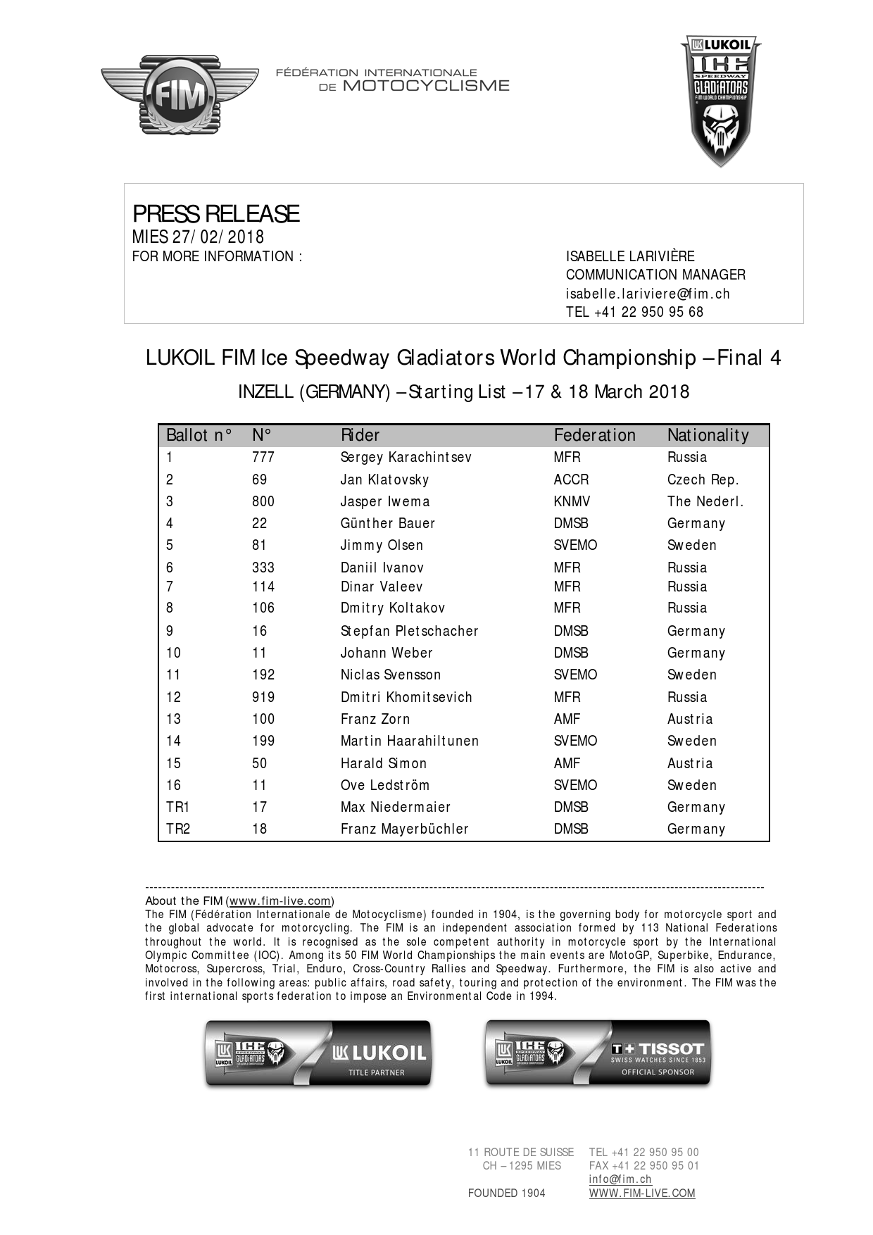 Список участников 4 этапа FIM Ice Speedway Gladiators, Инцелль 17-18 марта 2018