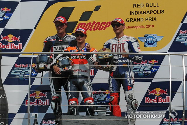 Педроса, Спис и Лоренцо на подиуме Indy GP 2010