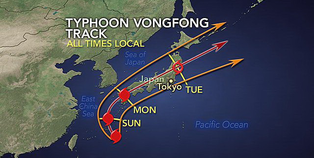 Прогноз наступления супер тайфуна Вонгфонг на Японию