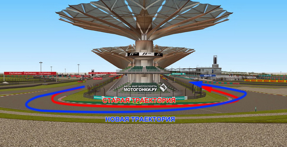 MotoGP: Сравнение старой и новой траектории в 15-м повороте Sepang International Circuit