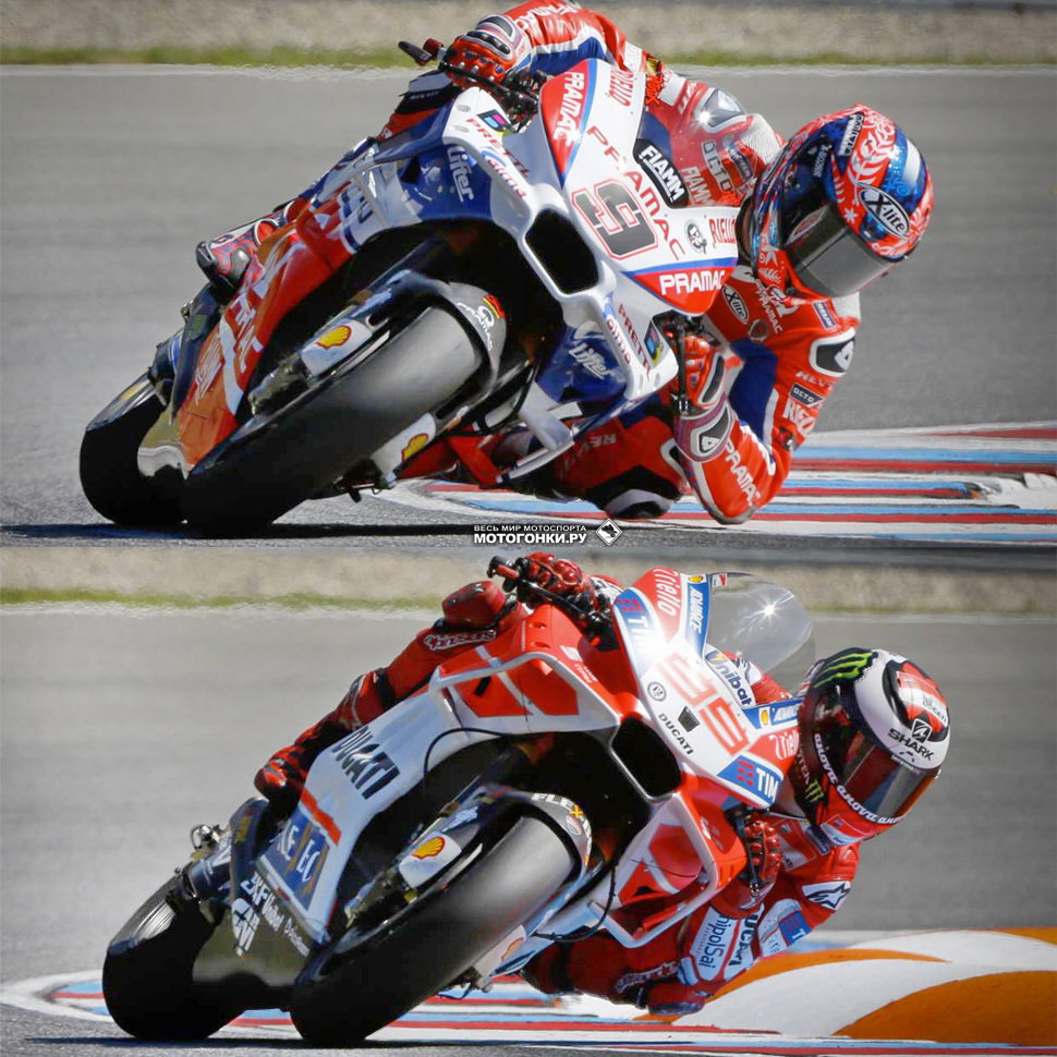 Сравнение внешнего вида обтекателей Ducati на мотоциклах Петруччи (сверху) и Лоренцо (снизу)