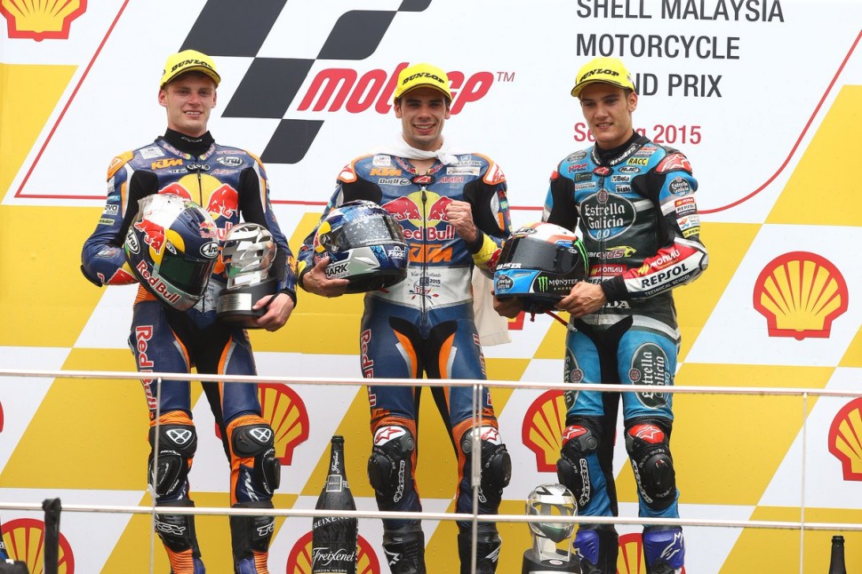 Год назад - и сейчас: Оливьера и Биндер, напарники по заводской команде KTM - 1-2 в Сепанге, в Moto3, а теперь и в Moto2