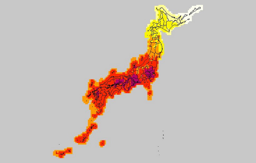 Температурный прогноз на неделю: Японию - красный означает выше +35 градусов, желтый - выше +30
