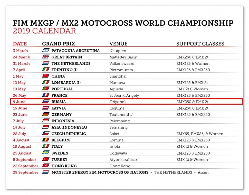 Календарь чемпионата Мира по мотокроссу MXGP 2019