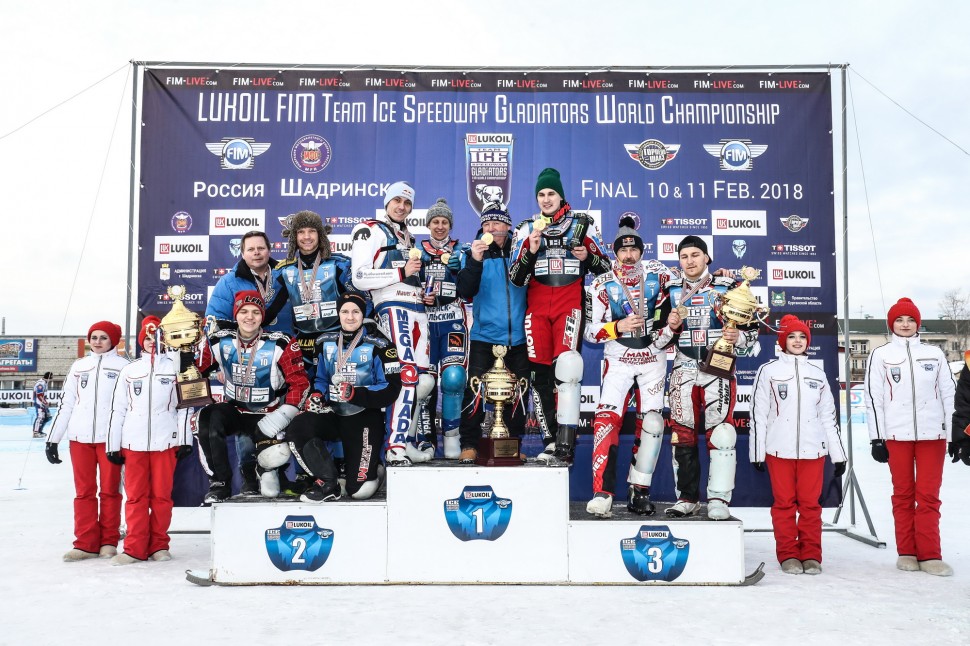 Подиум командного чемпионата мира по мотогонкам на льду 2018 года: Россия №1