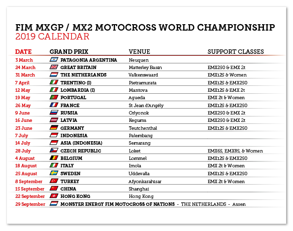 Календарь чемпионата Мира по мотокроссу MXGP 2019