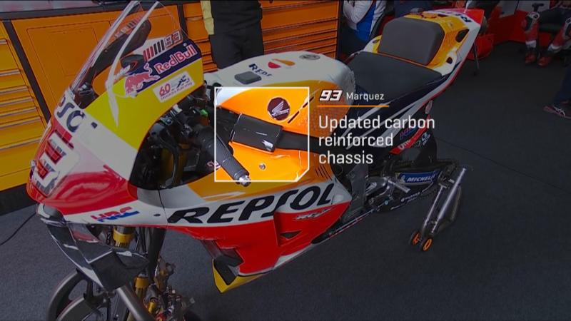 Усиленное карбоном шасси Honda RC213V Марка Маркеса - новинка с тестов в Барселоне