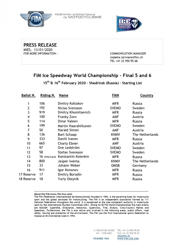 Список участников 3 этапа FIM Ice Speedway Gladiators 2020