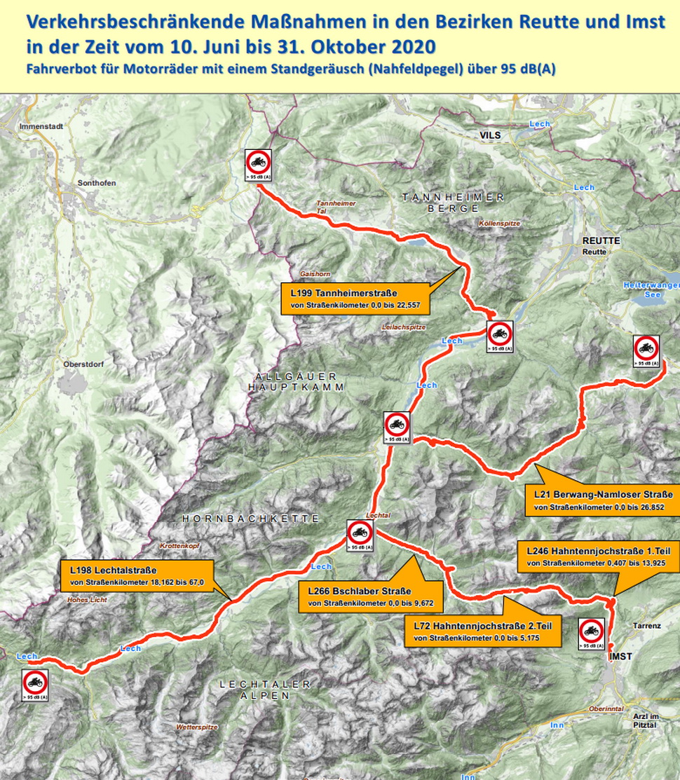 Карта ограничений движения мотоциклов с громкими трубами в австрийских Альпах