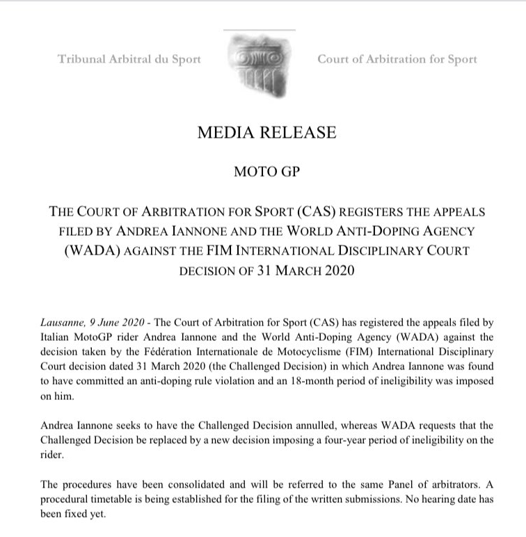 Пресс-релиз CAS по делу Андреа Янноне против FIM и WADA