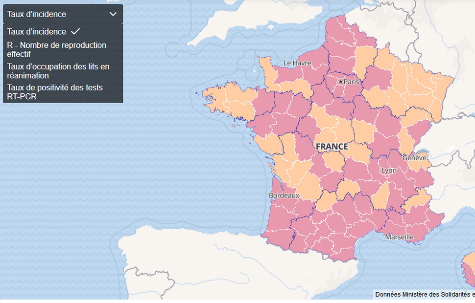 Карта регионов Франции по опасности заражения Covid-19 на 4 ноября 2020