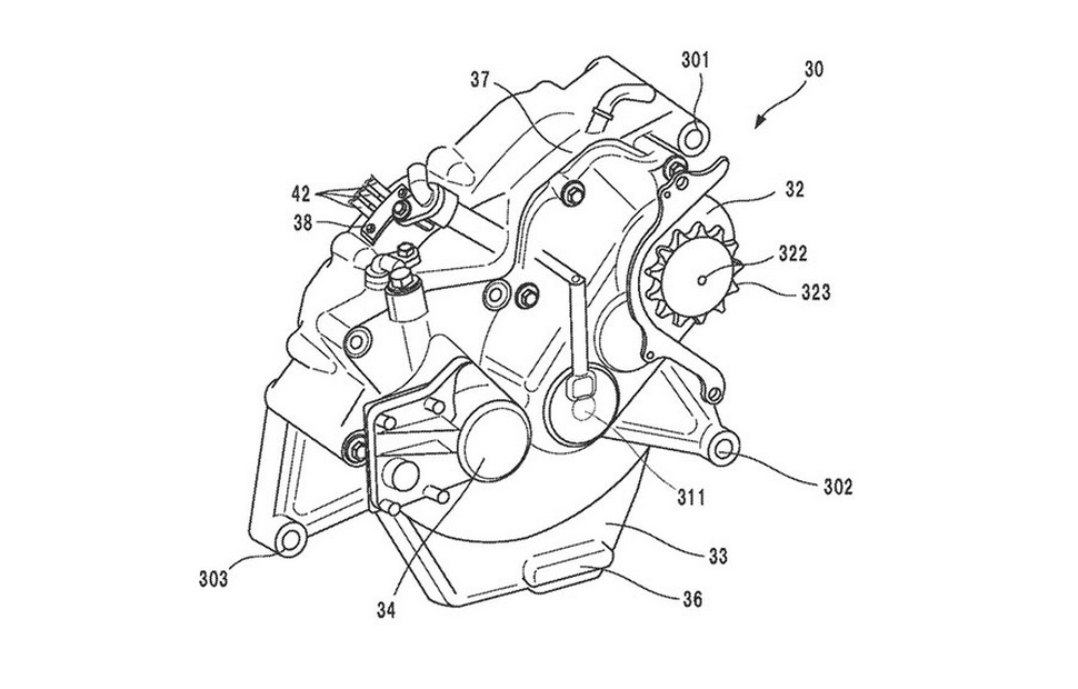 Патентная схема силовой установки Honda для шасси традиционного мотоцикла