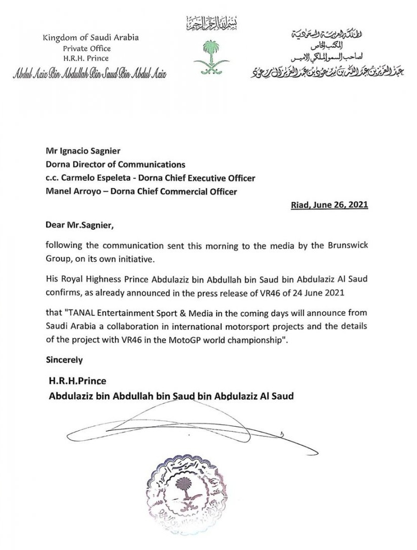 Официальное письмо из офиса Принца Саудовской Аравии - в офис Dorna Sports