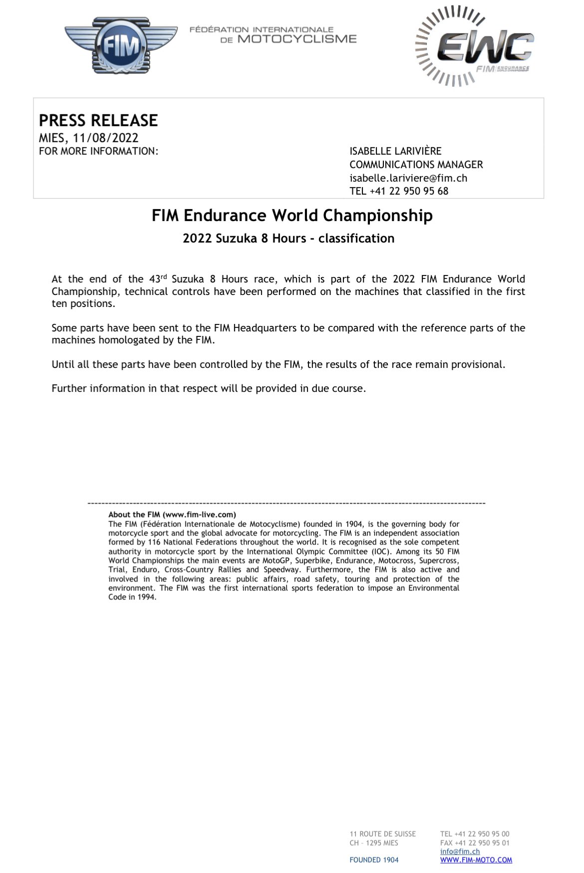 Заявление FIM по поводу Suzuka 8 Hours 2022