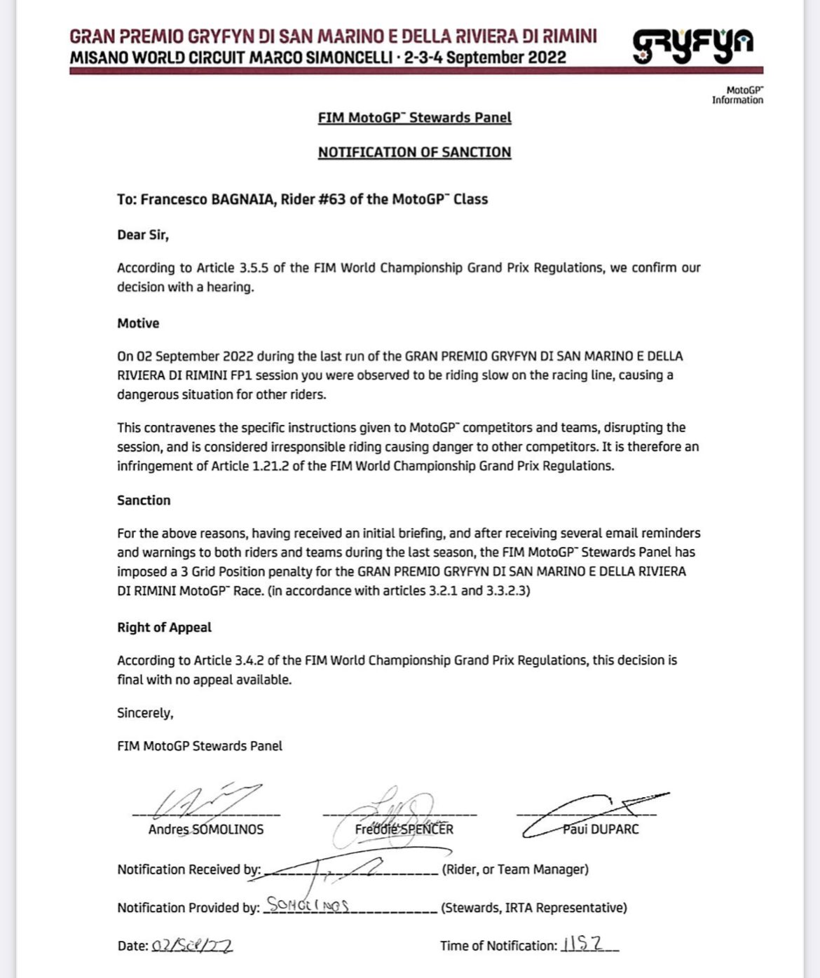 Решение Стюардов MotoGP о понижении стартовой позиции Франческо Баньяи в Мизано