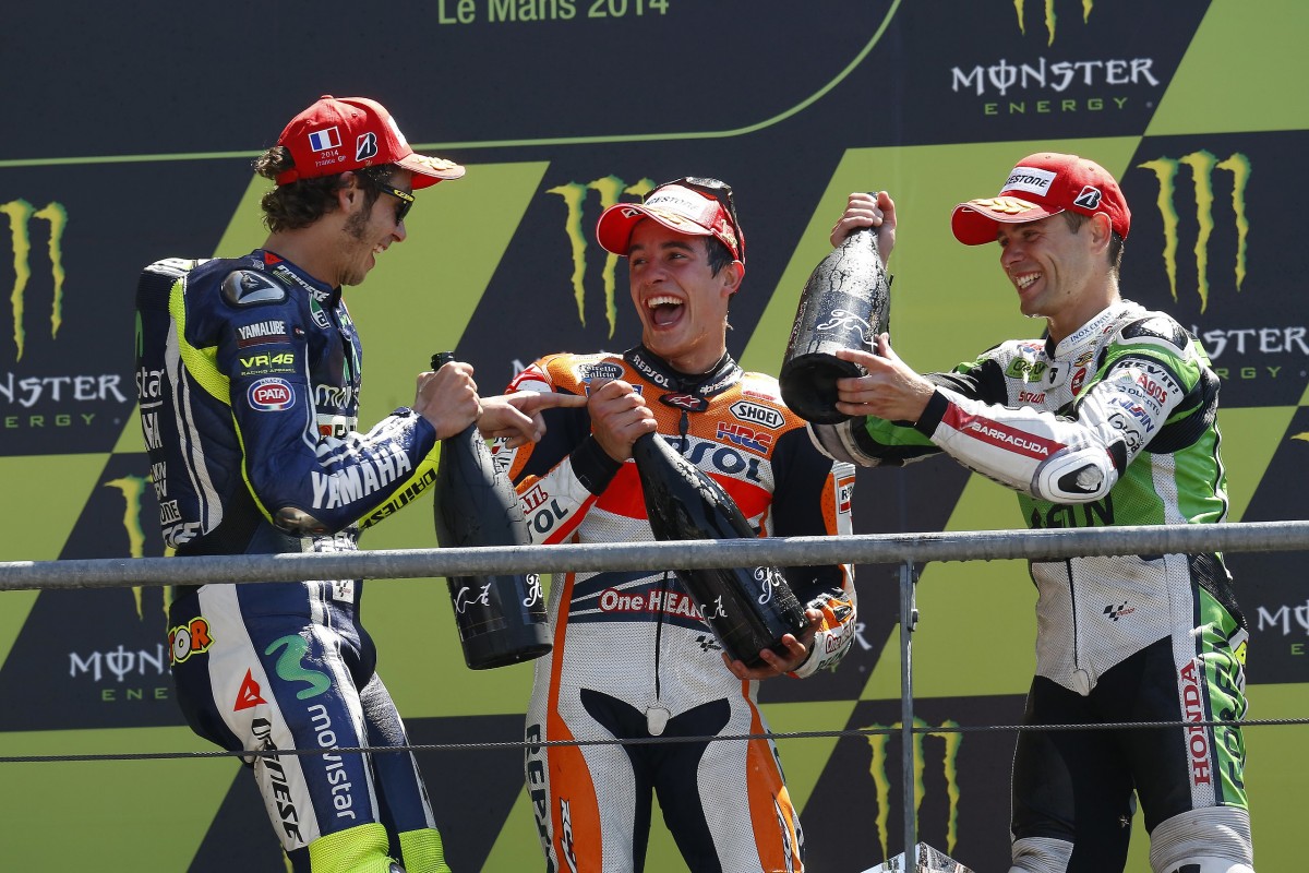 Валентино Росси, Марк Маркес и Альваро Баутиста на подиуме Гран-При Франции MotoGP 2014