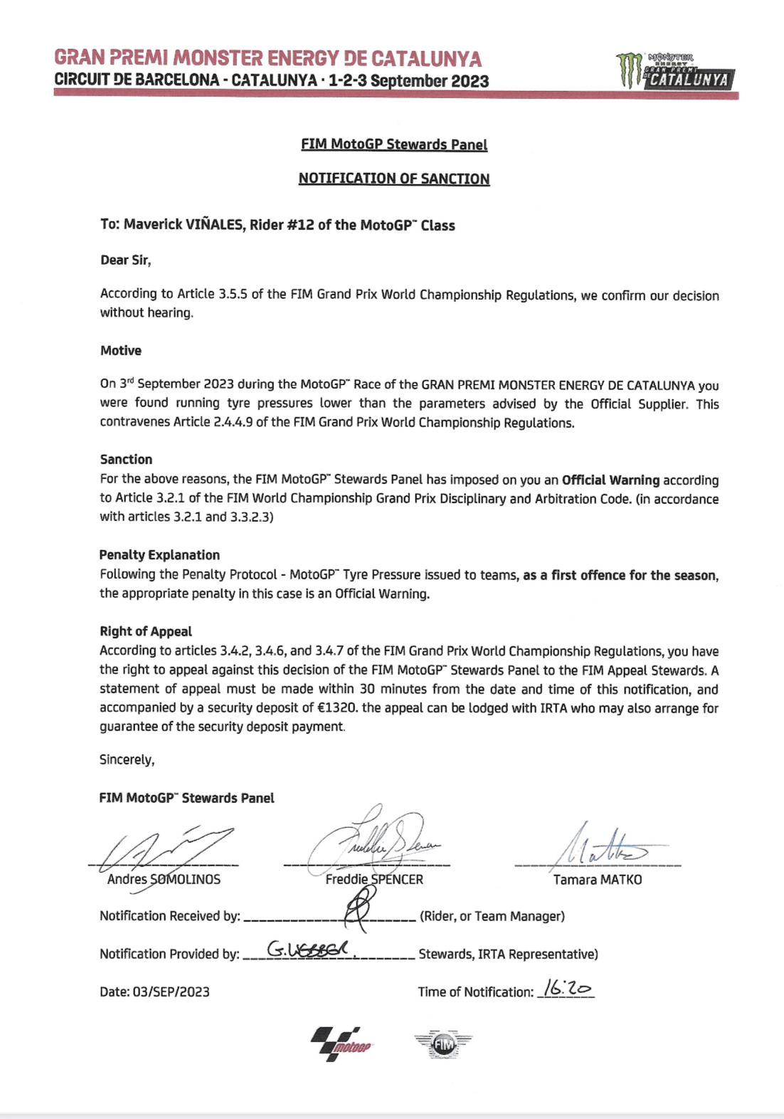 Первое официальное предупреждение MotoGP о нарушении регламента в плане давления в шинах