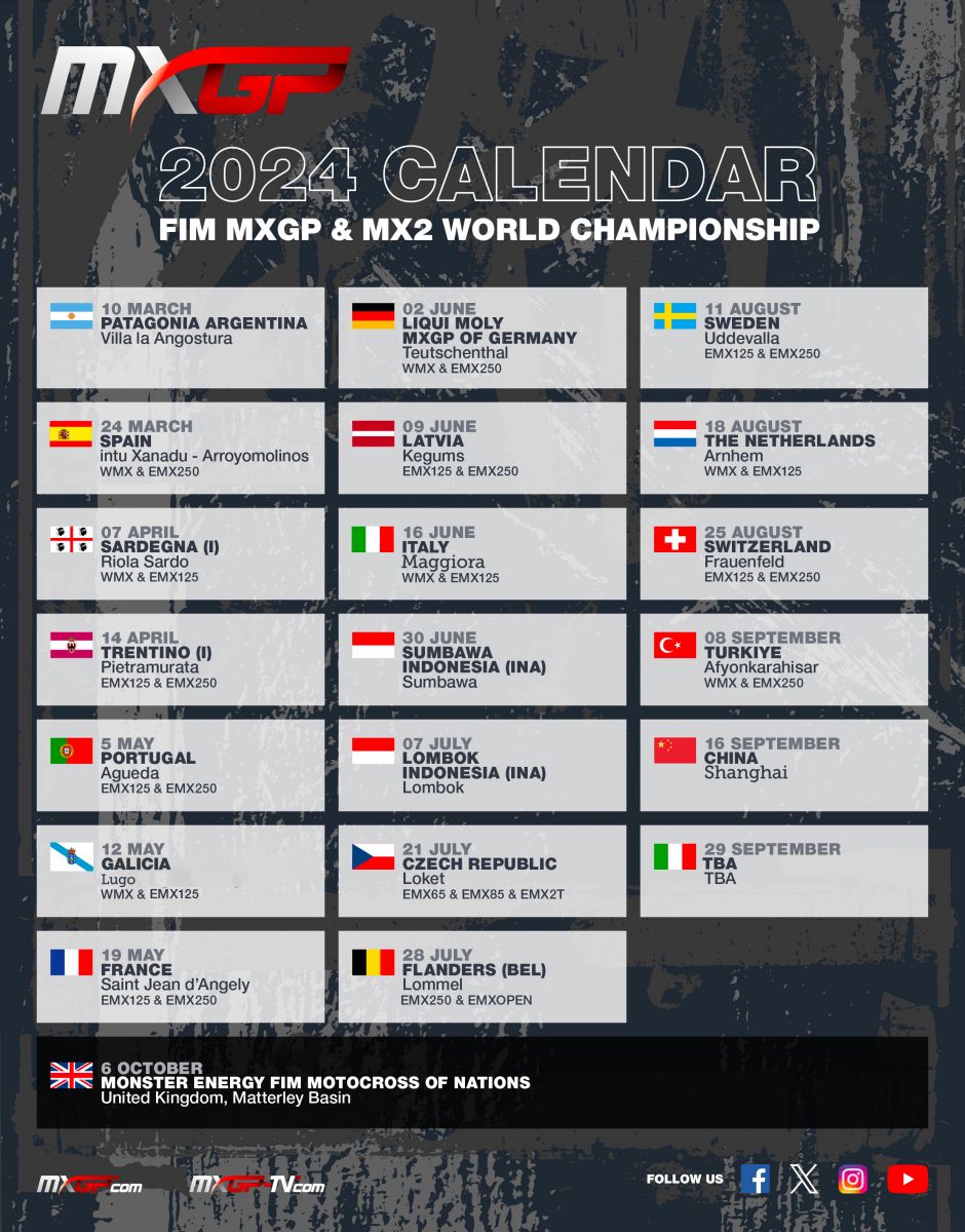 Предварительный календарь чемпионата мира по мотокроссу MXGP 2024