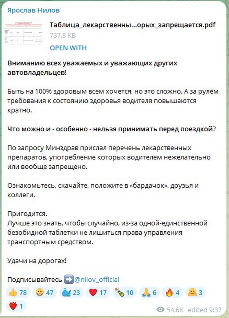 Скриншот публикации Ярослава Нилова в телеграм-канале