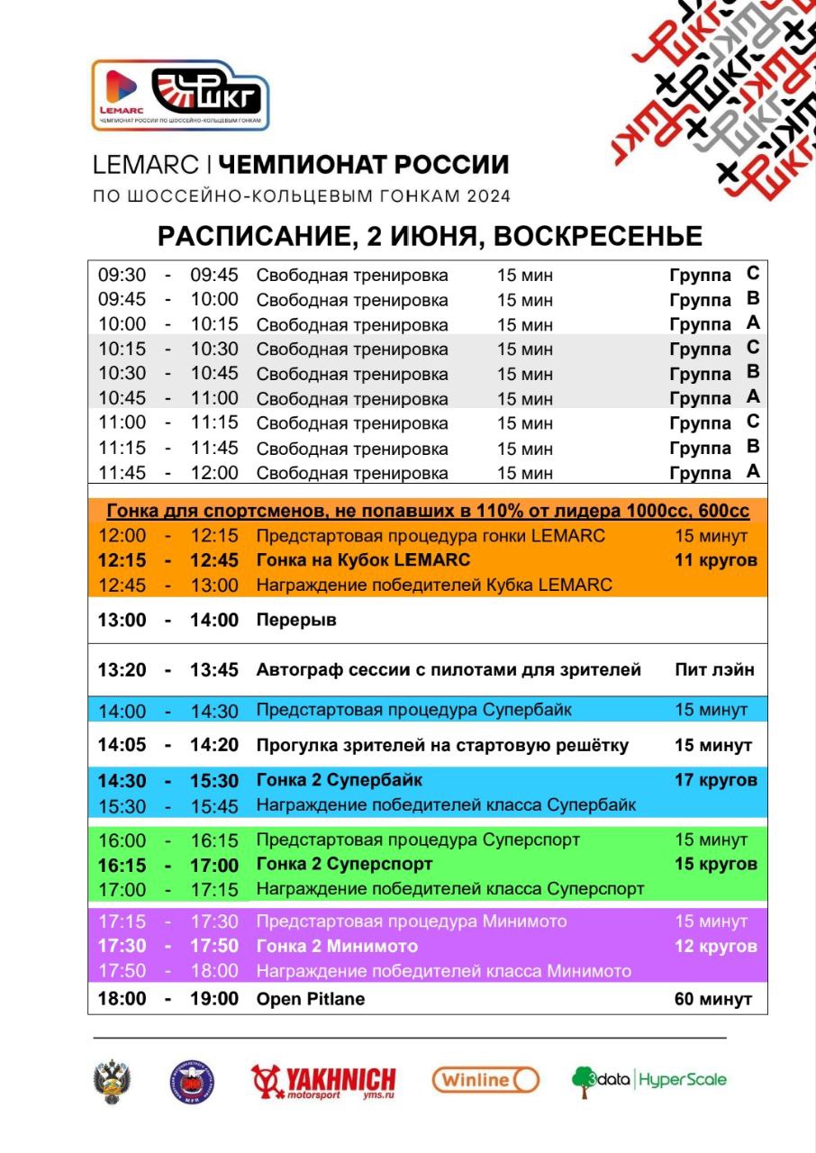Расписание 1 этапа Lemarc Чемпионата России, воскресенье, 2 июня 2024