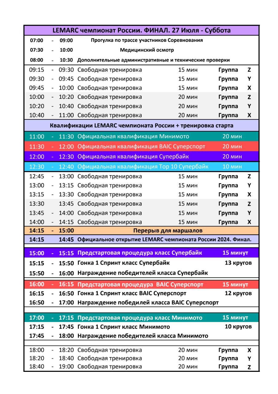 Расписание 2 этапа Lemarc Чемпионата России, суббота, 27 июля 2024