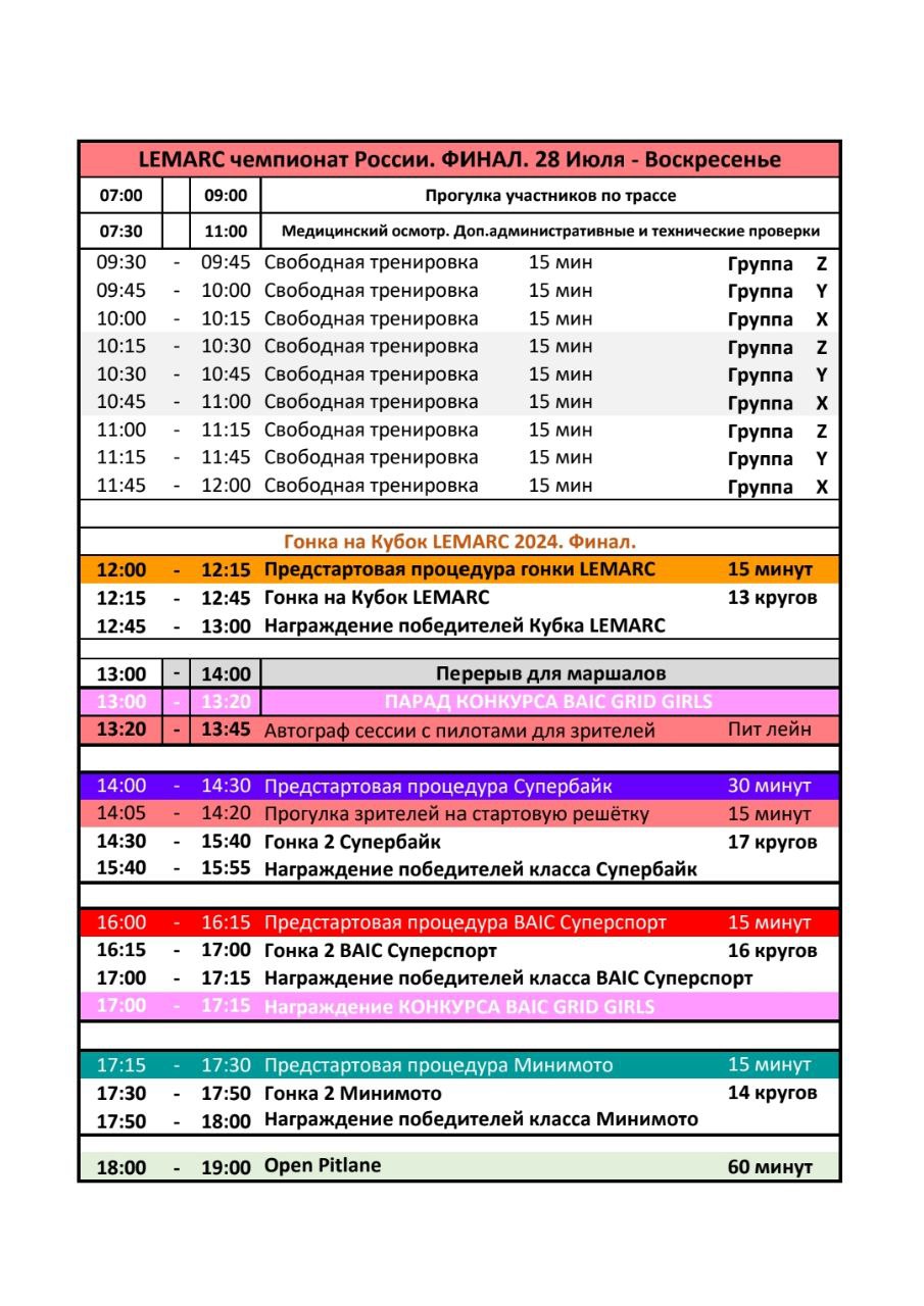 Расписание 2 этапа Lemarc Чемпионата России, воскресенье, 28 июля 2024