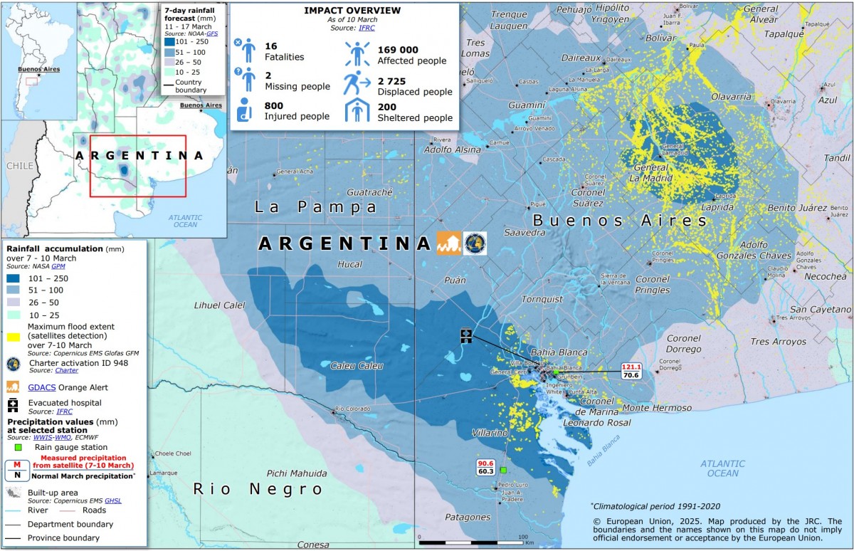 Карта наводнений в Аргентине на 13 марта 2025
