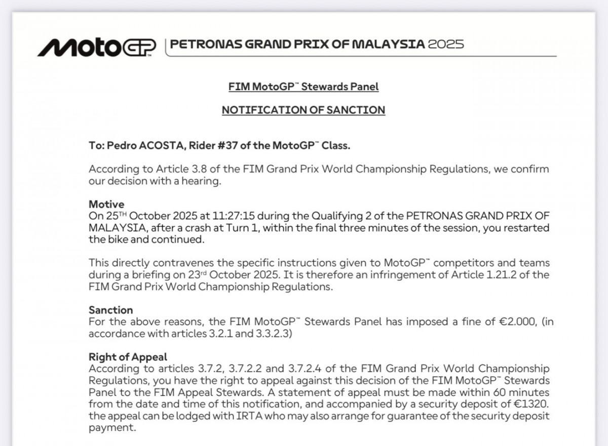 Педро Акоста оштрафован на 2000 евро