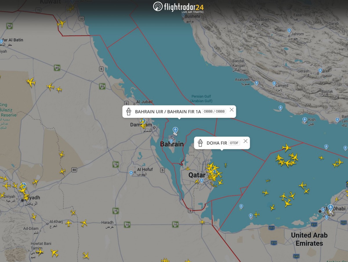 Показания FlightRadar24 после закрытия воздушного пространства Катара и ОАЭ