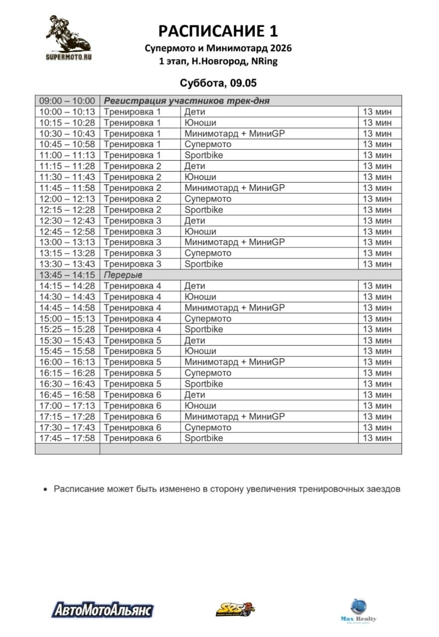 Расписание 9 мая, суббота - Тренировочный день