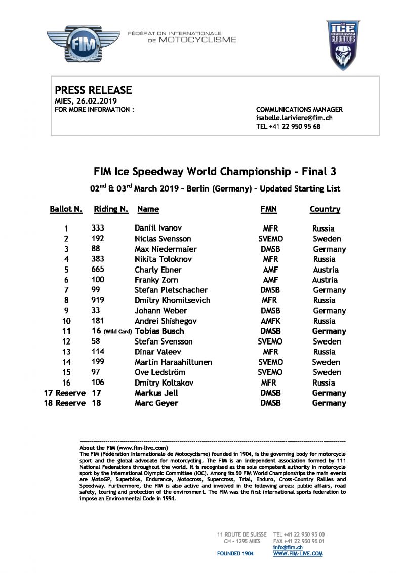Список участников 3 этапа FIM Ice Speedway Gladiators 2019, Берлин