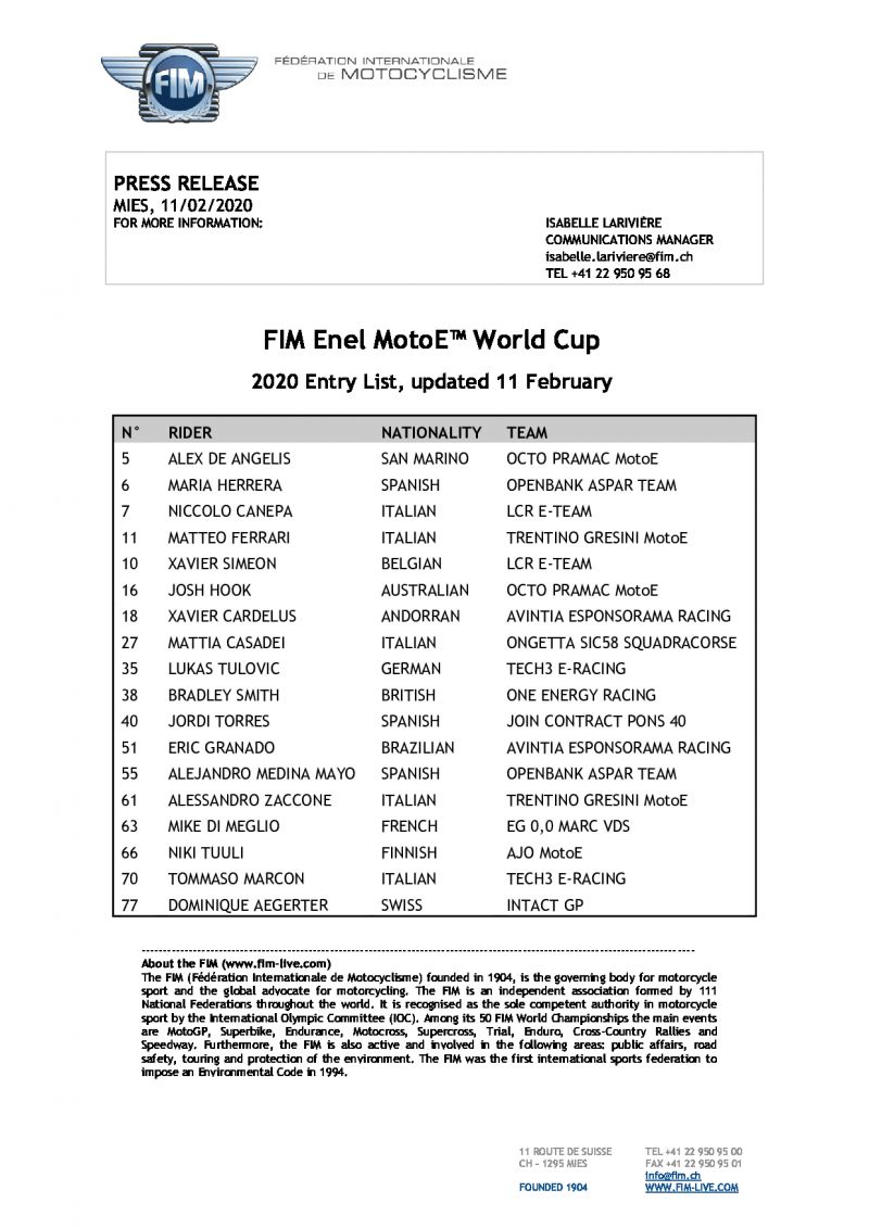 Список участников FIM Enel MotoE World Cup 2020 (версия от 11.02.2020)