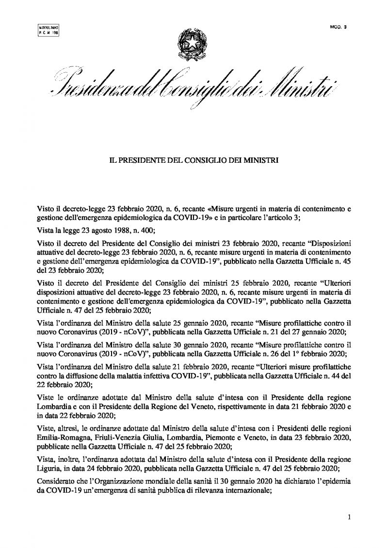 Официальный документ правительства Италии от 6 марта 2020 года