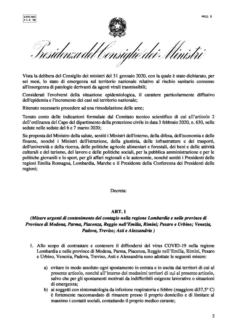 Официальный документ правительства Италии от 6 марта 2020 года