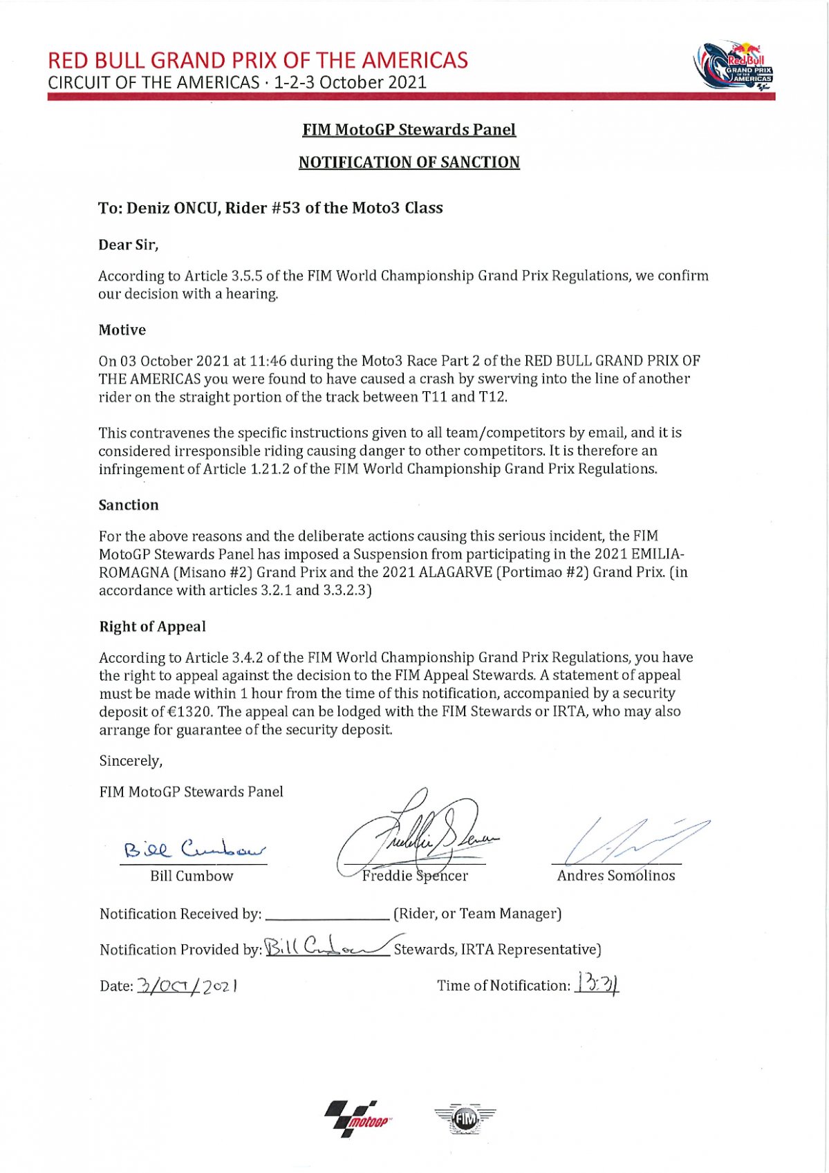 Решение Дирекции MotoGP по инциденту на гонке Moto3 - дисквалификация для Денниса Онжу