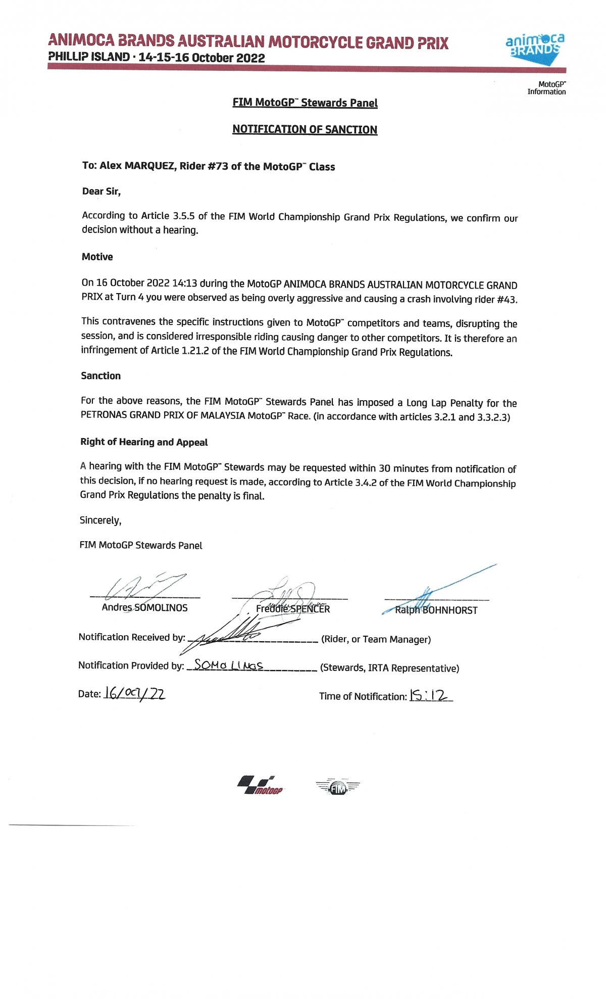 Решение Стюардов MotoGP по инциденту Маркеса-Миллера на Phillip Island
